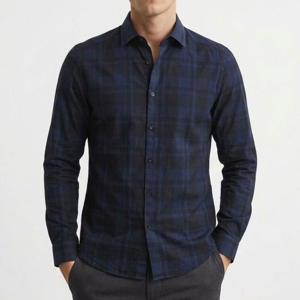 Reiss Mens Medium Slim Fit Shirt Check Plaid Long Sleeve Button Down Blue